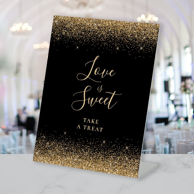 Elegant Black Gold Glitter Wedding Love Is Sweet Pedestal Sign (Creator Uploaded)