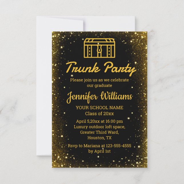elegant black gold glitters trunk party graduation invitation (Front)