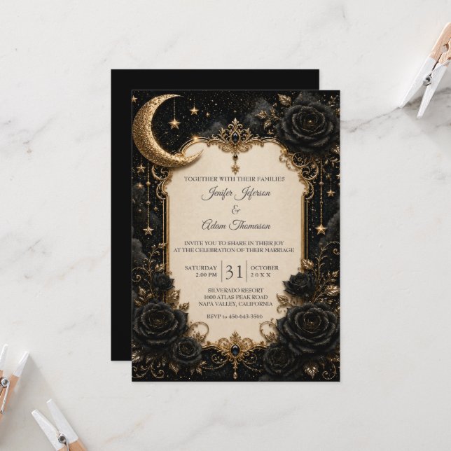 Elegant Black &  Gold Gothic Wedding Invitation (Front/Back In Situ)