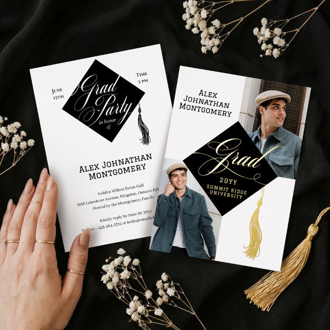 Elegant Black Gold Grad Cap Tassel Graduate Photo (Elegant Black Gold Grad Cap Tassel Graduate Photo Foil Invitation)