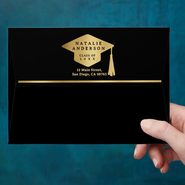 Elegant Black & Gold Graduate Hat Graduation Party Envelope (Hand)