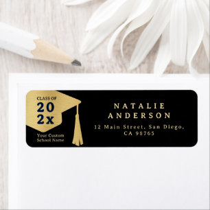 Elegant Black & Gold Graduate Hat Return Address