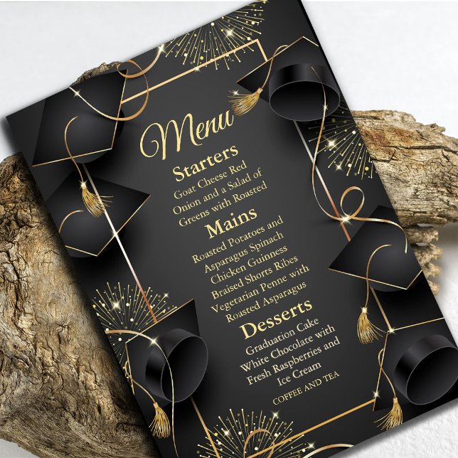 Elegant Black & Gold Graduation Invitation (Elegant Black & Gold Graduation Invitation #menu #zazzlemade #dinner #graduationparty #blackgold )