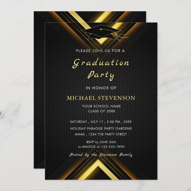Elegant Black Gold Graduation Invitation (Front/Back)