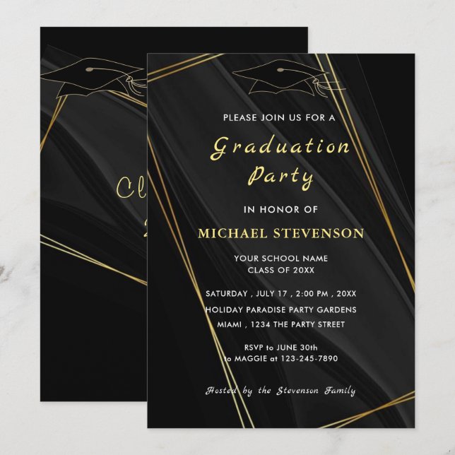 Elegant Black Gold Graduation Invitation Card (Front/Back)