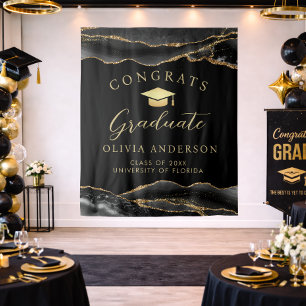 Elegant Black & Gold Graduation Party Backdrop Tapestry