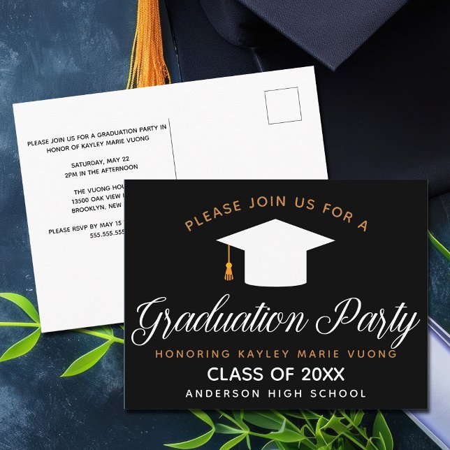 Elegant Black Gold Graduation Party Invitation Postcard (Creator Uploaded)