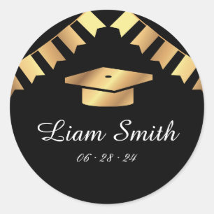 Elegant Black, Gold Graduation Round Stickers Set