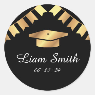 Elegant Black, Gold Graduation Round Stickers Set