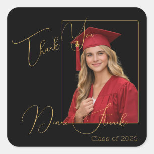 Elegant Black & Gold Graduation Thank You Square Sticker