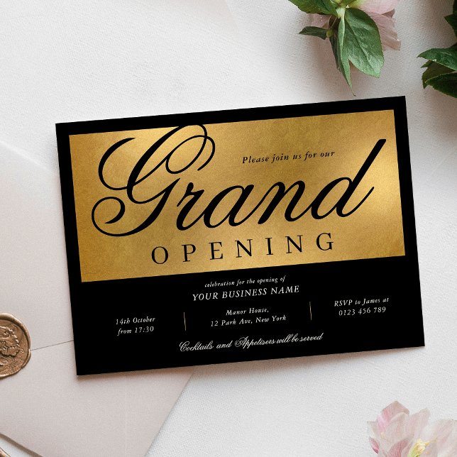 Elegant Black & Gold Grand Opening Event Business Invitation (Elegant black and gold foil effect Business Grand Opening Invitation)