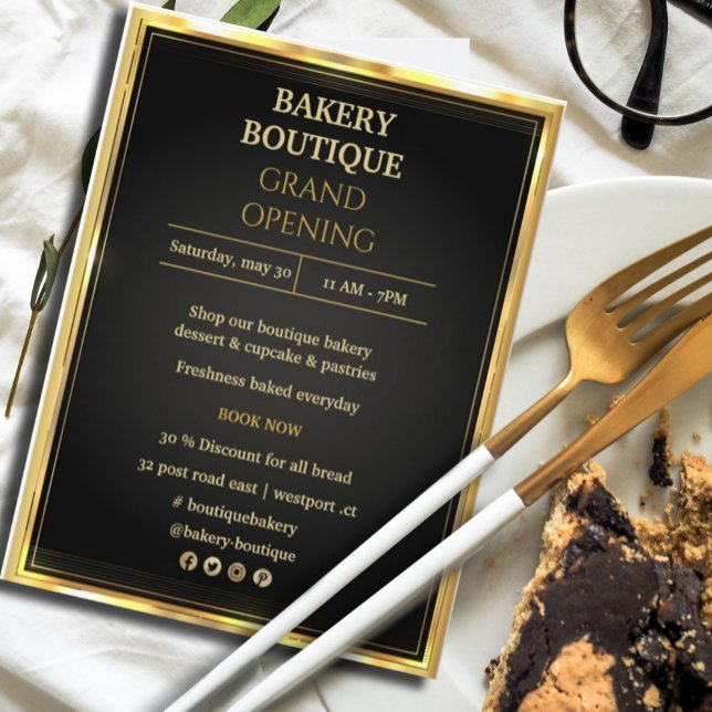 Elegant Black & Gold Grand Opening invitation Flyer (#zazzlemade #grandopining #pricelist #goldflyer #bakeryflyer #bakeryboutique #golden)