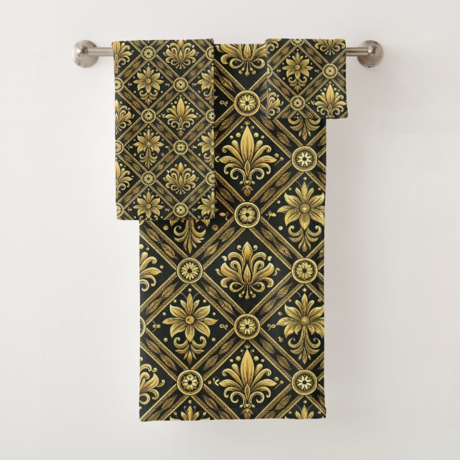 Elegant black gold gray tiled pattern  bath towel set (Insitu)