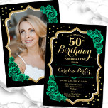 Elegant Black Gold Green Photo 50th Birthday Invitation<br><div class="desc">Elegant floral 50th birthday invitation with your photo at the back of the card. Glam black and emerald green design with faux glitter gold. Features green roses, script font and confetti. Perfect for a stylish adult bday celebration party. Personalise with your own details. Can be customised for any age! Printed...</div>