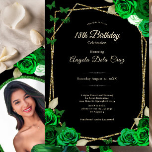 Elegant Black Gold Green Rose 18th Birthday Debut  Invitation