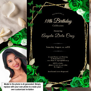 Elegant Black Gold Green Rose 18th Birthday Debut Invitation