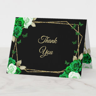 Elegant Black Gold Green Roses 18th Birthday Debut Thank You Card