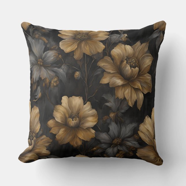 Elegant Black Gold Grey Floral Cushion (Front)