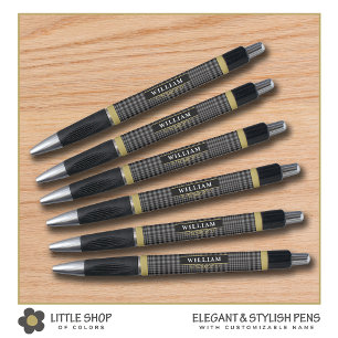 Elegant Black Gold Grey Glen Plaid Monogram