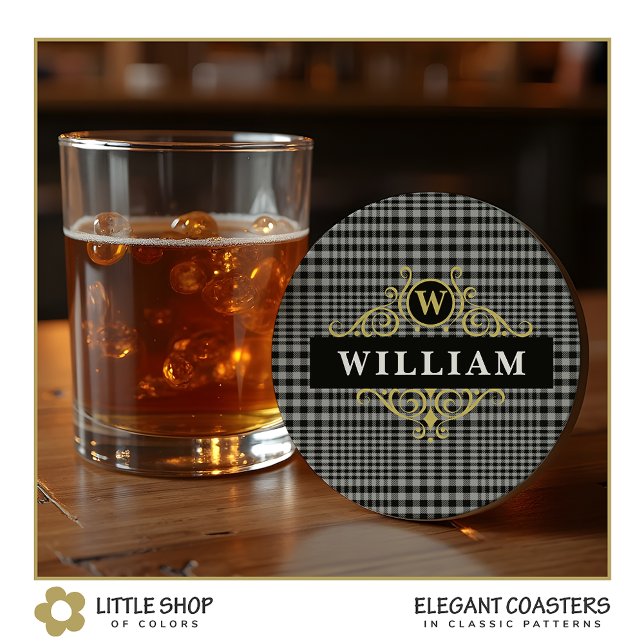Elegant Black Gold Grey Glen Plaid Monogram Round Paper Coaster (Creator Uploaded)