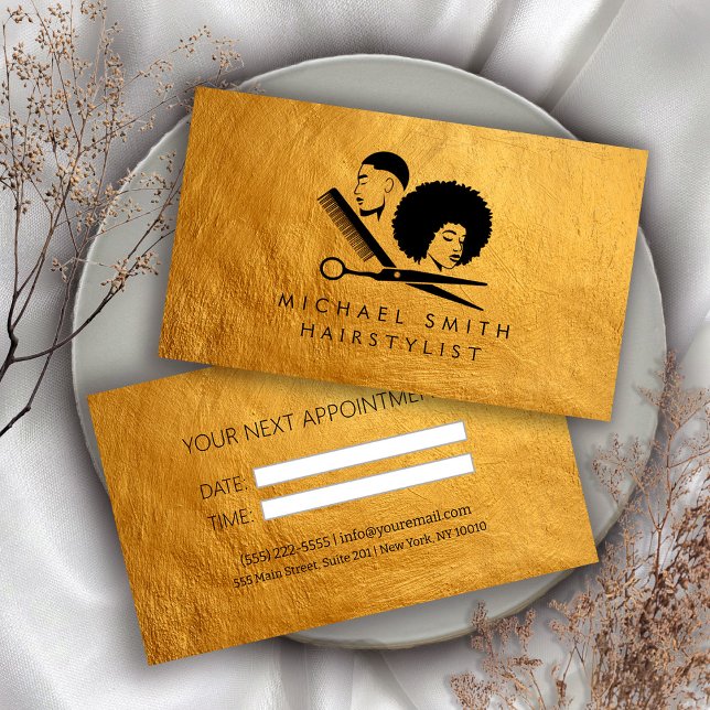 Elegant Black Gold Hairstylist Appointment Card (Creator Uploaded)