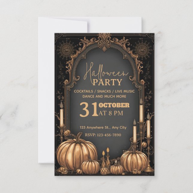 Elegant Black & Gold Halloween Party Invitation  (Front)