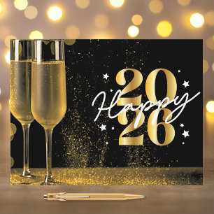 Elegant Black Gold Happy 2026 Champagne New Year Holiday Postcard