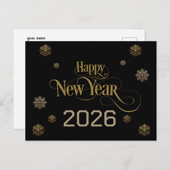 Elegant Black Gold Happy New Year 2026 snowflakes Postcard (Front/Back)