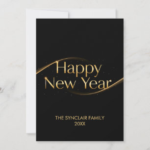 Elegant Black Gold Happy New Year Family Photo Hol Holiday Card