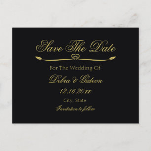 Elegant Black & Gold Heart Flourish Save the Date Announcement Postcard