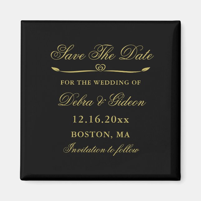 Elegant Black & Gold Heart Flourish Save the Date Magnet (Front)
