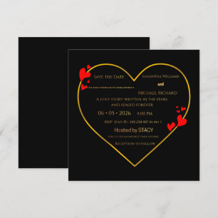 Elegant Black & Gold Heart Wedding Save‑the‑Date I Invitation