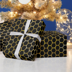 Elegant Black Gold Hexagon Beehive Pattern Wrapping Paper