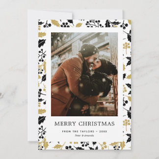 Elegant Black Gold Holly Berries Photo Christmas Holiday Card
