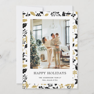 Elegant Black Gold Holly Berries Photo Holiday Card