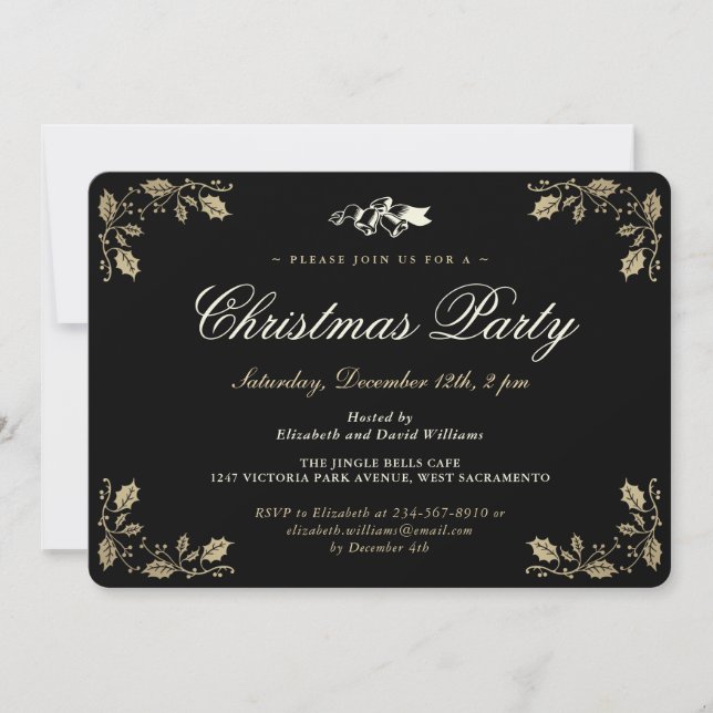 Elegant Black Gold Holly Christmas Holiday Party Invitation (Front)