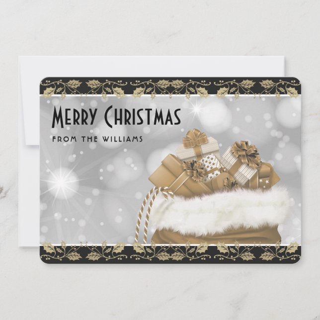 Elegant Black Gold Holly Christmas Presents Holiday Card (Front)