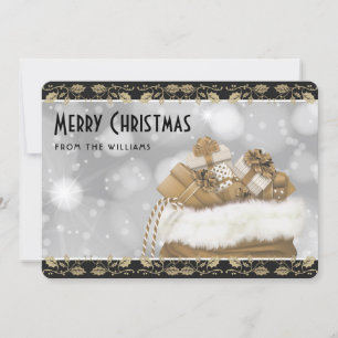Elegant Black Gold Holly Christmas Presents Holiday Card