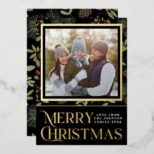 Elegant Black Gold Holly Merry Christmas Photo