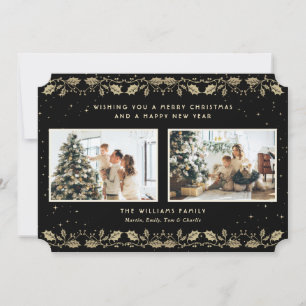 Elegant Black Gold Holly Stars Photo Holiday Card