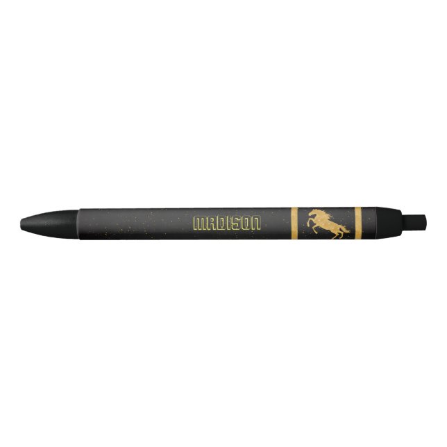 Elegant Black Gold Horse personalised School Black Ink Pen (Front)