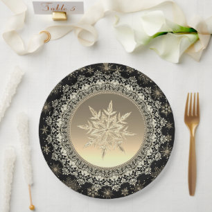 Elegant Black & Gold Ice Crystal Snowflake Paper Plate