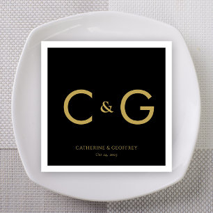 Elegant Black & Gold Initials Monogram Wedding Napkin