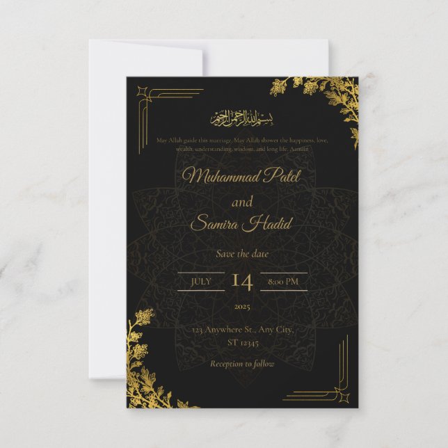 Elegant Black & Gold Islamic Wedding Invitation (Front)