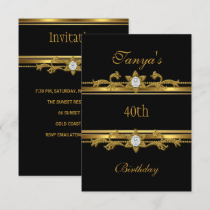 Elegant Black Gold Jewel 40th Birthday Invitation
