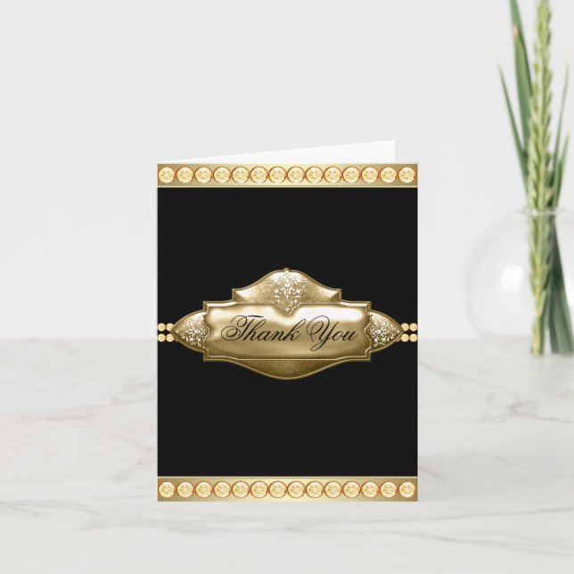 Elegant Black Gold Jewel Thank You Cards (Front)
