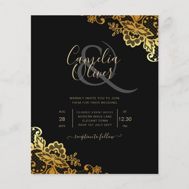 Elegant Black Gold Lace Modern Wedding  Flyer (Front)