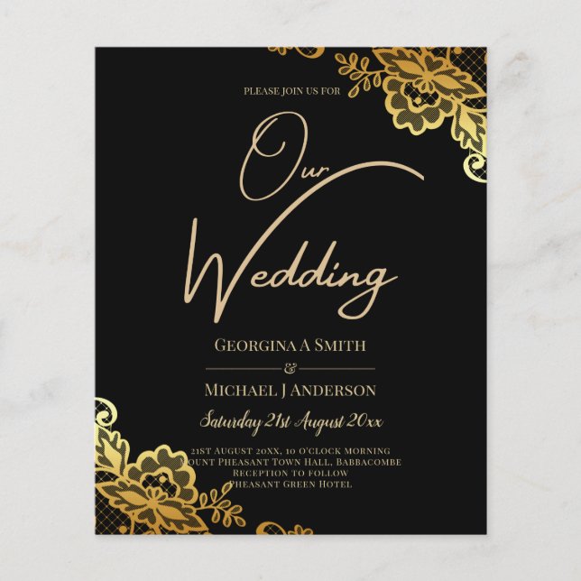 Elegant Black Gold Lace Modern Wedding  Flyer (Front)