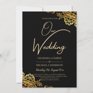 Elegant Black Gold Lace Modern Wedding  Invitation