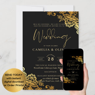 Elegant Black Gold Lace Modern Wedding  Invitation